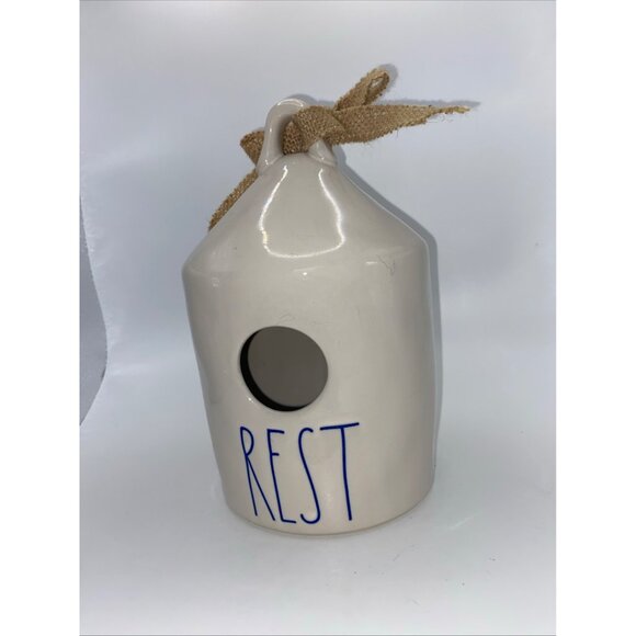 Rae Dunn Ceramic Birdhouse With Burlap Bow & "Rest" Text Blue - Picture 2 of 7